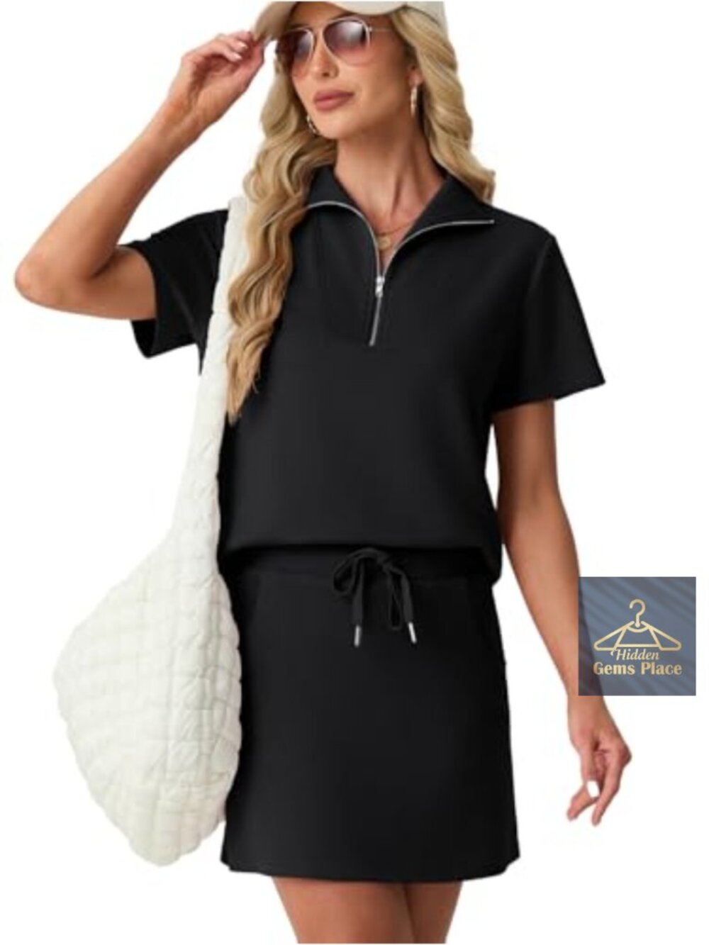 Women's 2 Piece Skort Set Half Zip Short Sleeve Top & Tennis Skirt with Pockets